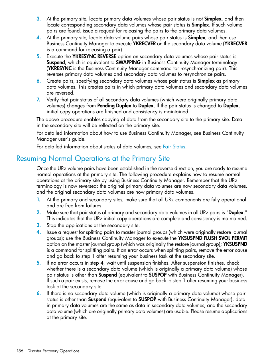 Resuming normal operations at the primary site | HP StorageWorks XP Remote Web Console Software User Manual | Page 186 / 203