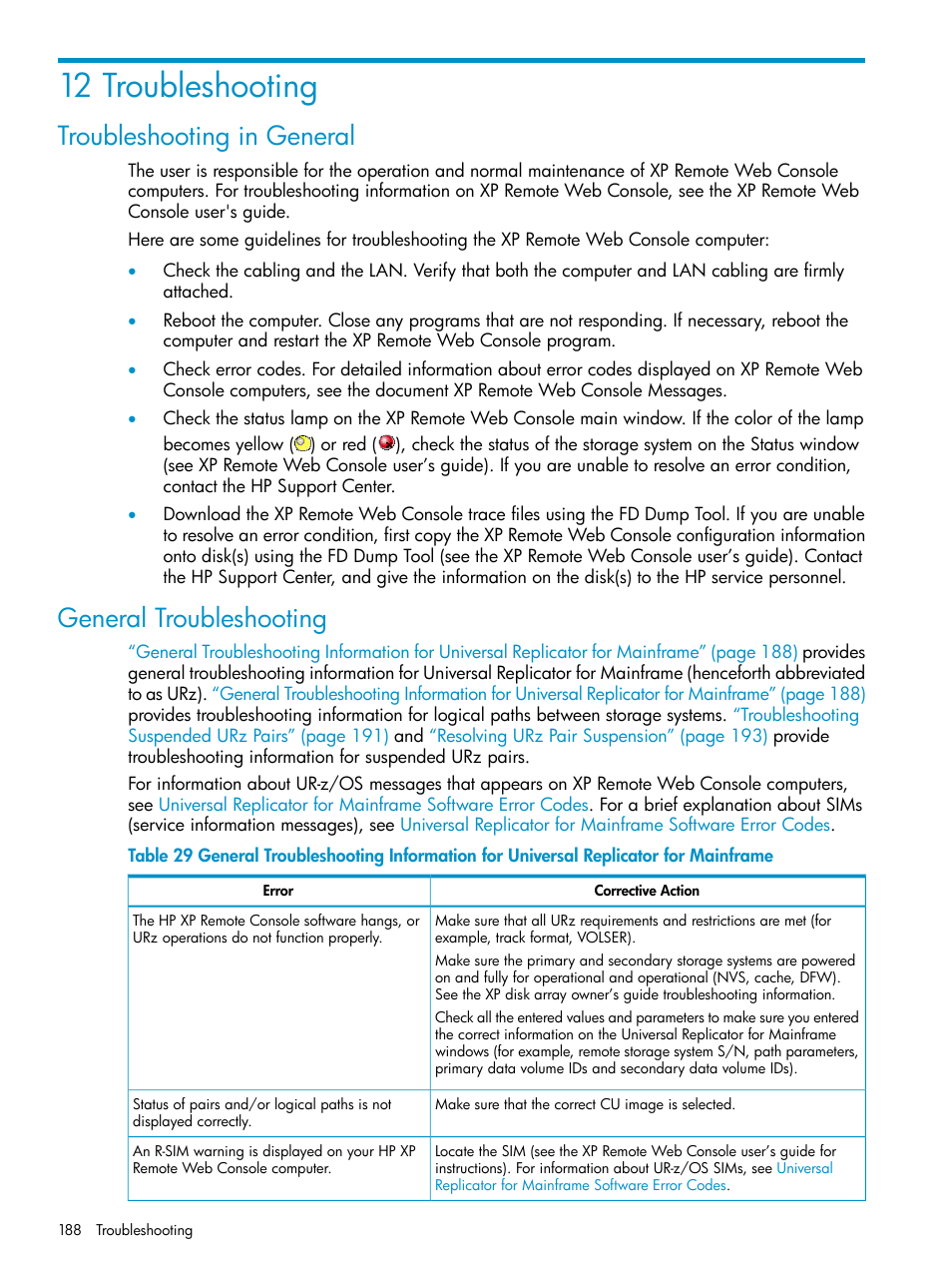 12 troubleshooting, Troubleshooting in general, General troubleshooting | Troubleshooting in general general troubleshooting | HP StorageWorks XP Remote Web Console Software User Manual | Page 188 / 203