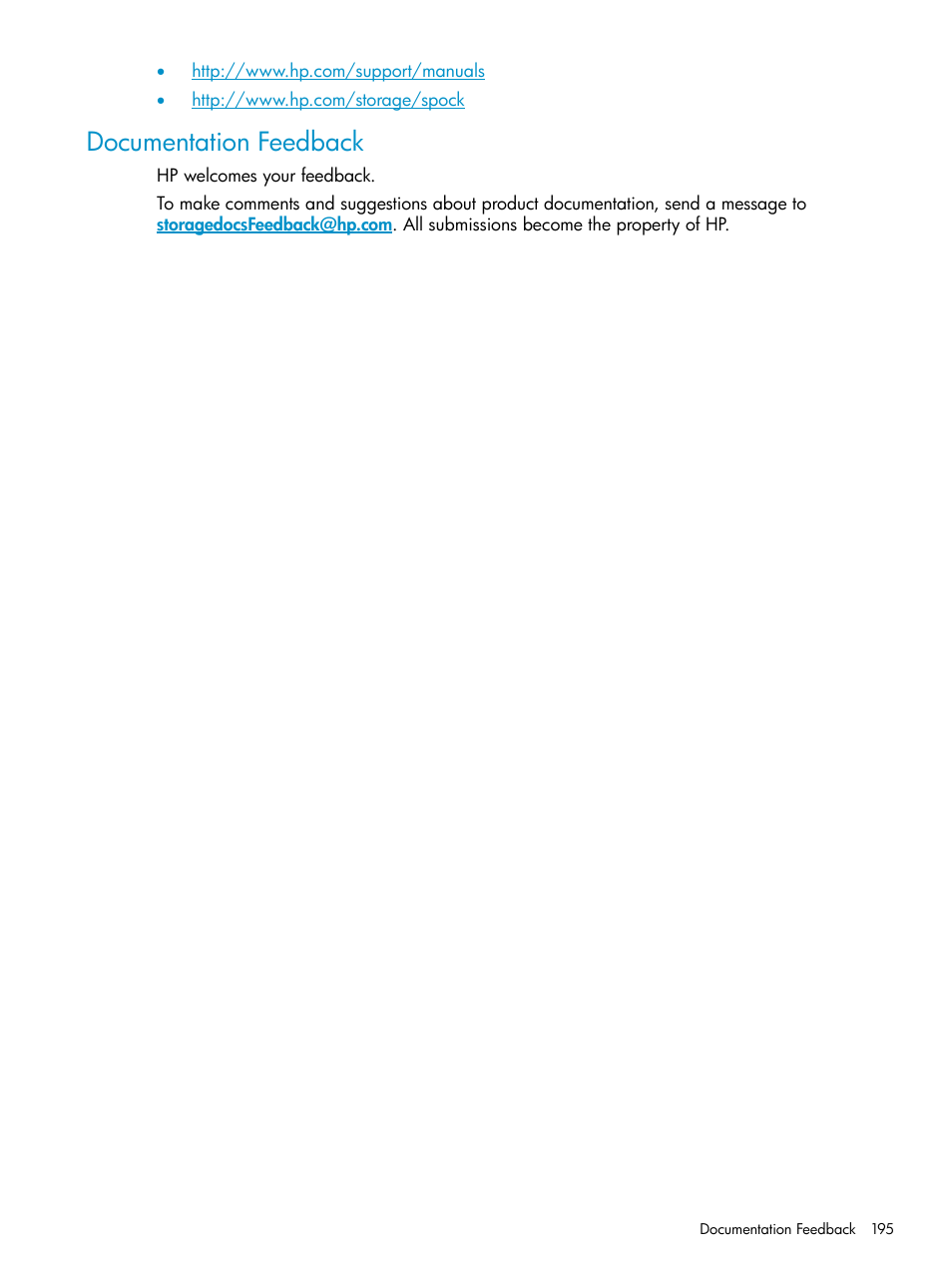 Documentation feedback | HP StorageWorks XP Remote Web Console Software User Manual | Page 195 / 203