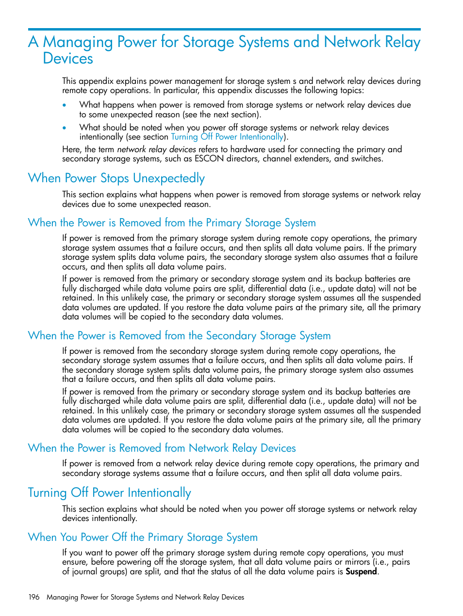 When power stops unexpectedly, Turning off power intentionally, When you power off the primary storage system | HP StorageWorks XP Remote Web Console Software User Manual | Page 196 / 203