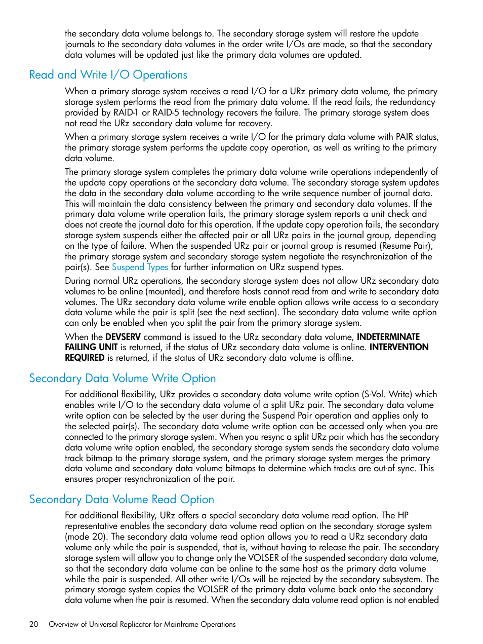 Read and write i/o operations, Secondary data volume write option, Secondary data volume read option | HP StorageWorks XP Remote Web Console Software User Manual | Page 20 / 203