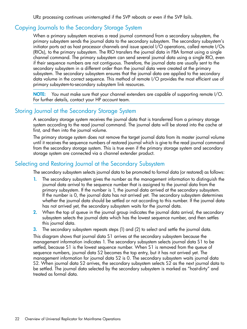 Copying journals to the secondary storage system, Storing journal at the secondary storage system | HP StorageWorks XP Remote Web Console Software User Manual | Page 22 / 203