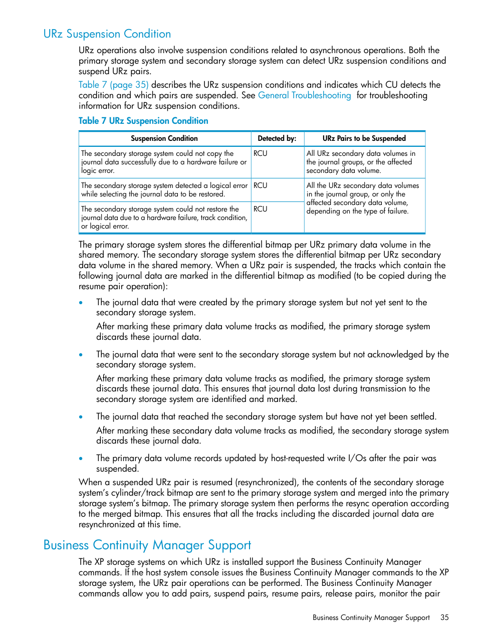 Urz suspension condition, Business continuity manager support, Suspension condition | Suspension, Condition | HP StorageWorks XP Remote Web Console Software User Manual | Page 35 / 203