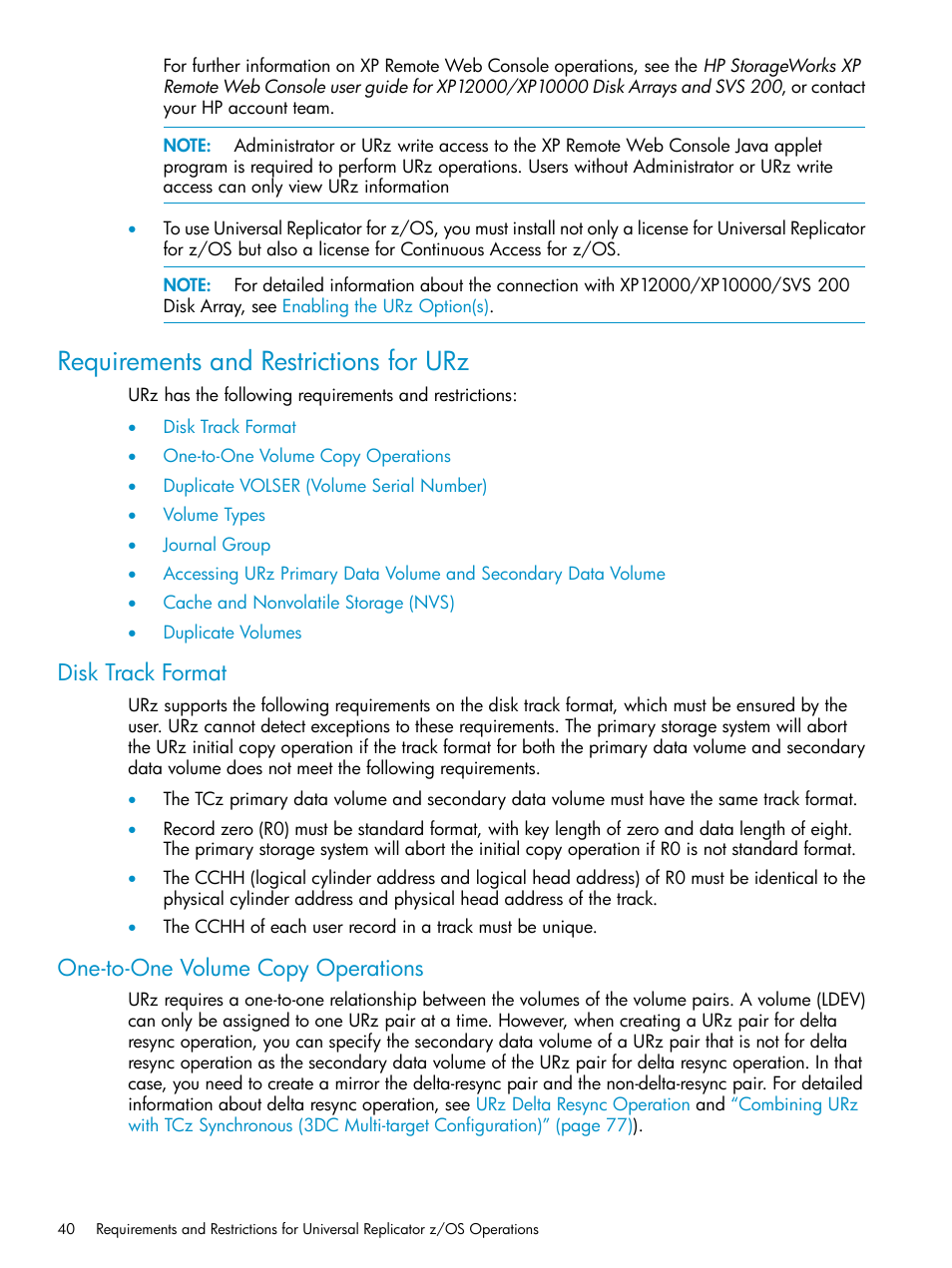 Requirements and restrictions for urz, Disk track format, One-to-one volume copy operations | HP StorageWorks XP Remote Web Console Software User Manual | Page 40 / 203