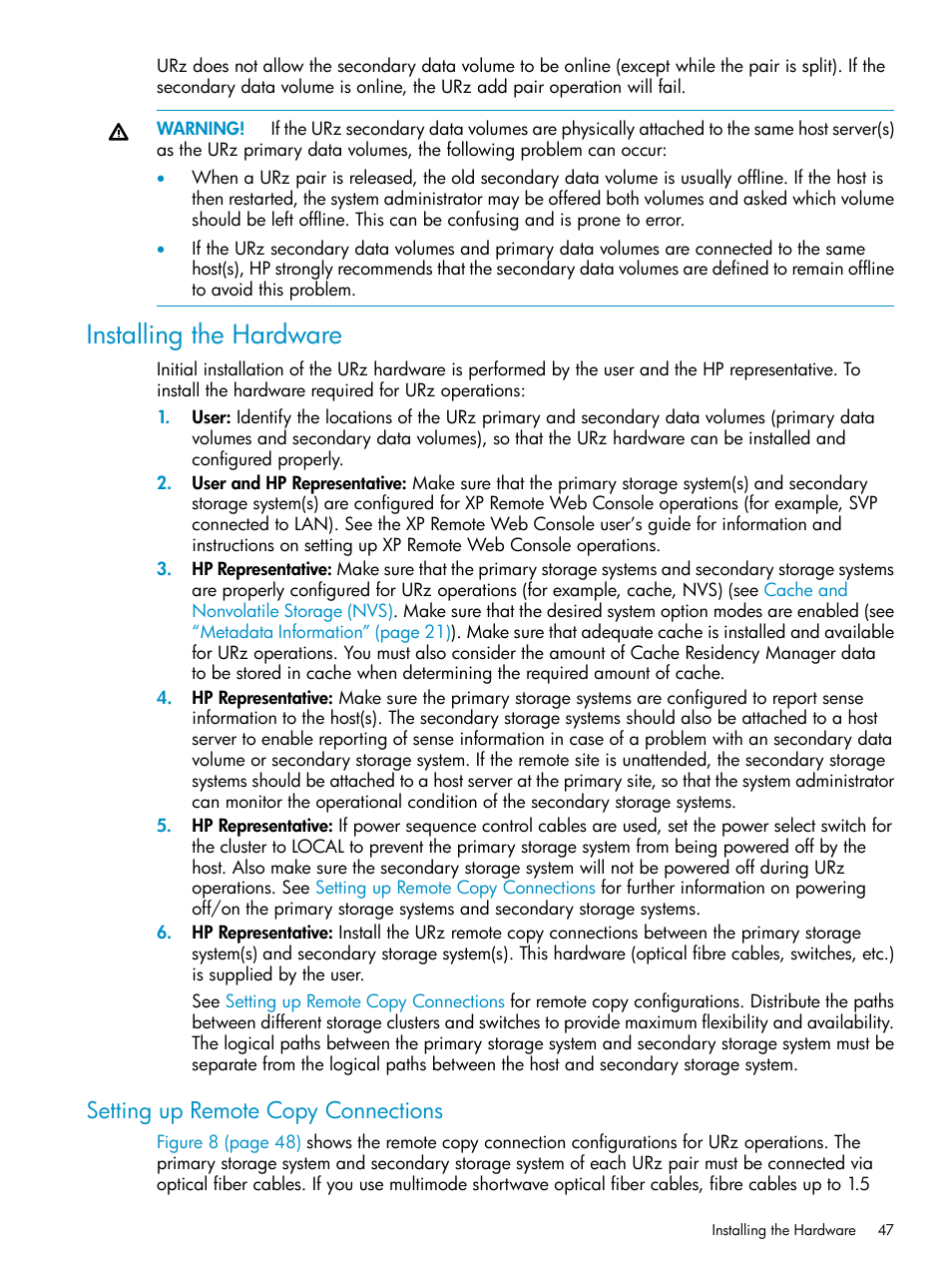 Installing the hardware, Setting up remote copy connections | HP StorageWorks XP Remote Web Console Software User Manual | Page 47 / 203