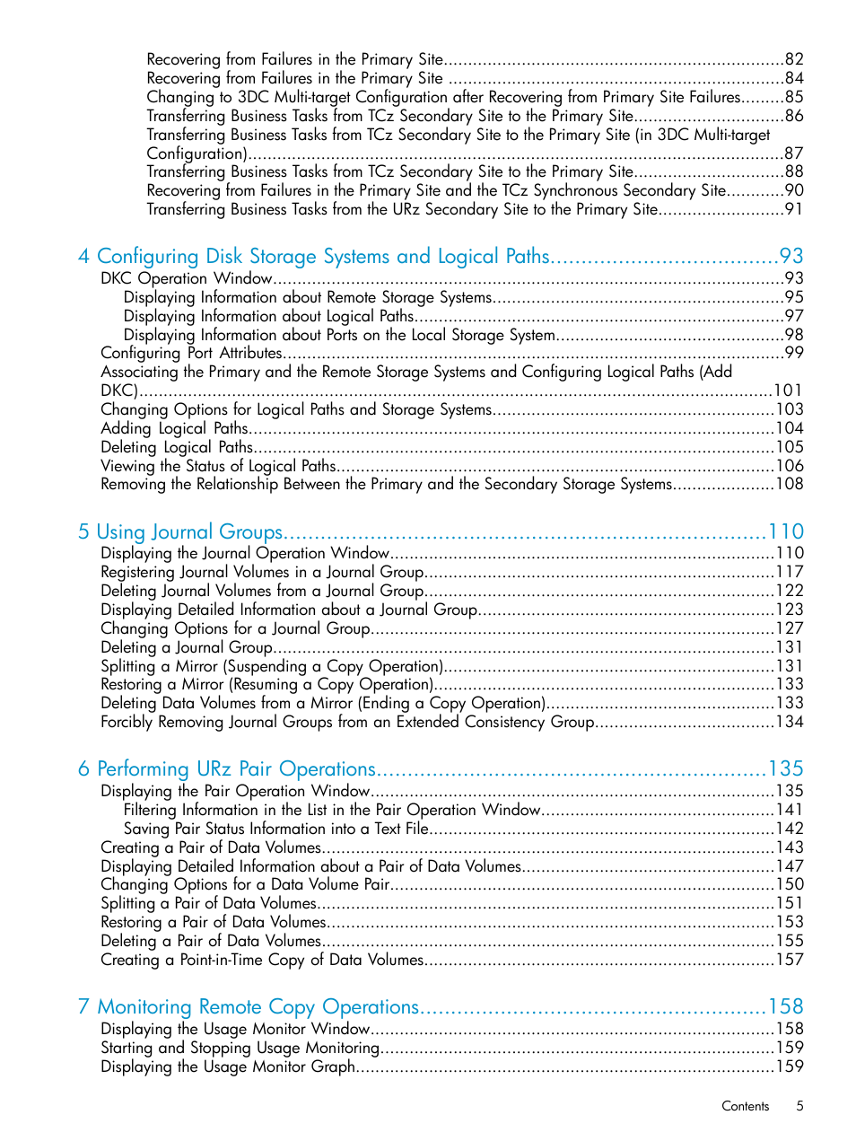 5 using journal groups, 6 performing urz pair operations, 7 monitoring remote copy operations | HP StorageWorks XP Remote Web Console Software User Manual | Page 5 / 203