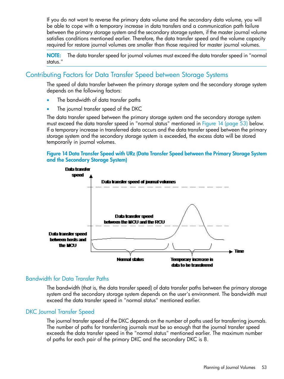 Bandwidth for data transfer paths, Dkc journal transfer speed | HP StorageWorks XP Remote Web Console Software User Manual | Page 53 / 203