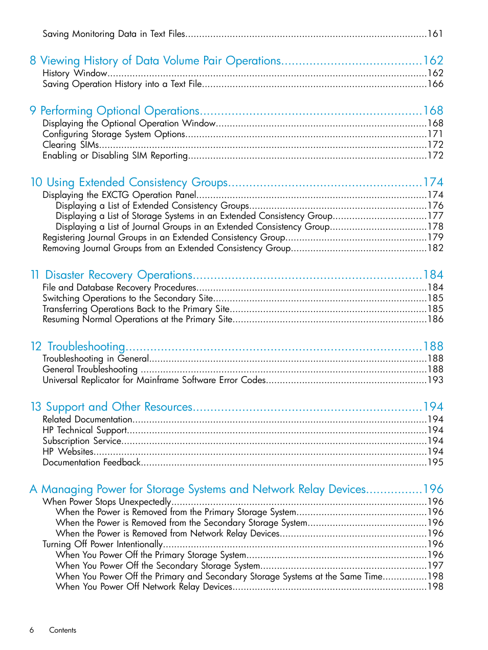 8 viewing history of data volume pair operations, 9 performing optional operations, 10 using extended consistency groups | 11 disaster recovery operations, 12 troubleshooting, 13 support and other resources | HP StorageWorks XP Remote Web Console Software User Manual | Page 6 / 203