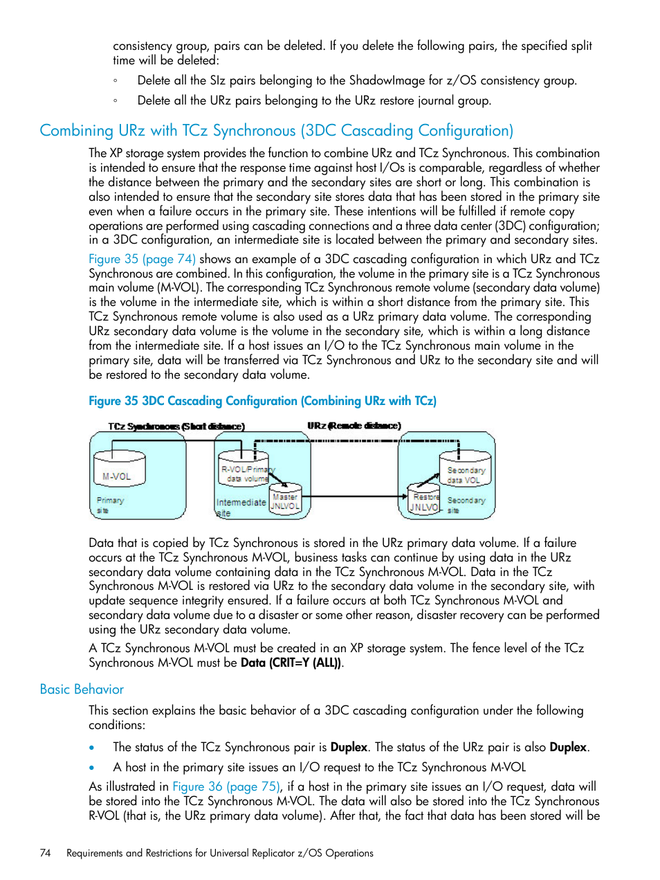 Basic behavior, Combining urz with tcz synchronous (3dc, Combining urz with tcz | HP StorageWorks XP Remote Web Console Software User Manual | Page 74 / 203