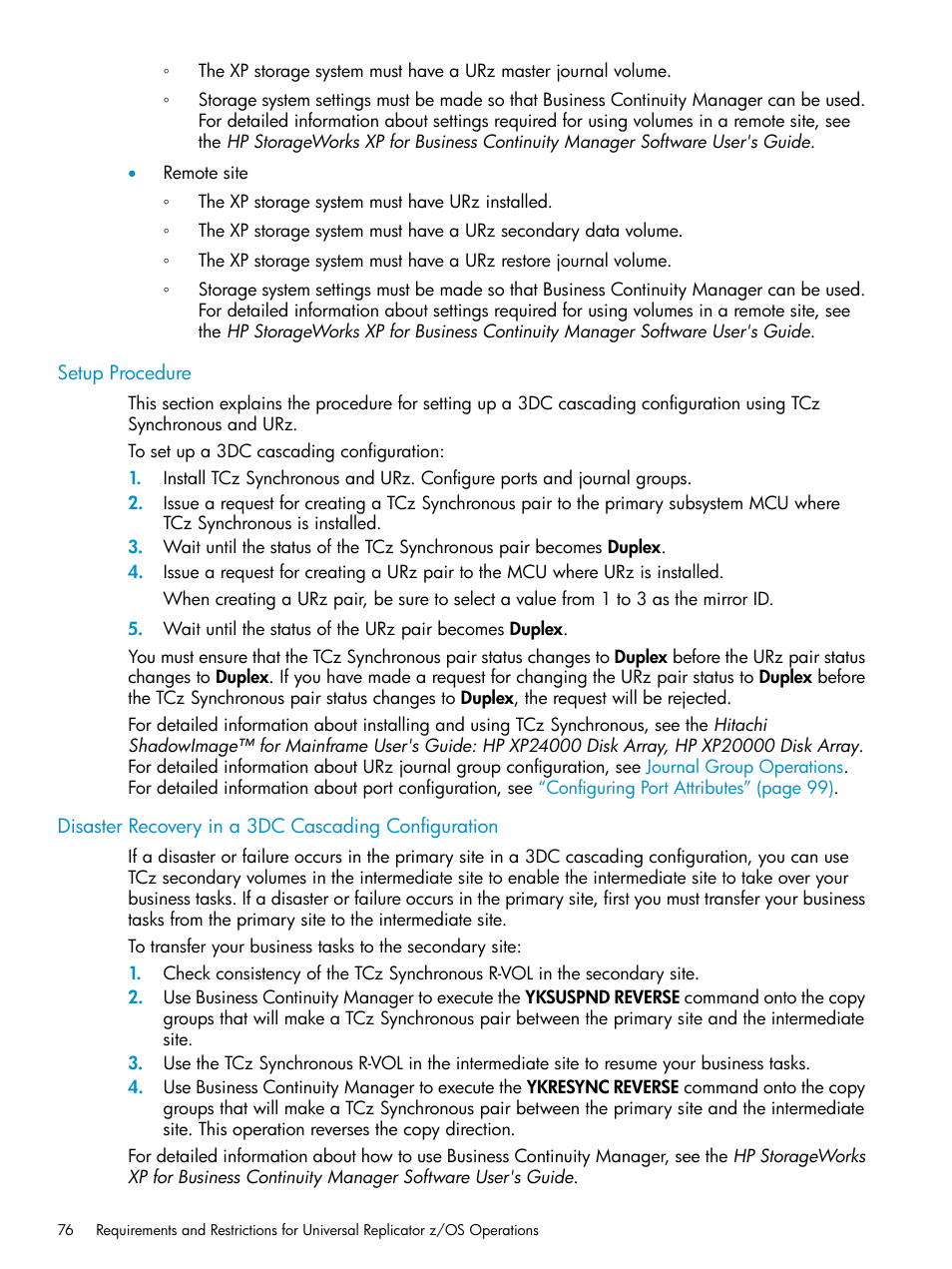 Setup procedure, Disaster recovery in a 3dc cascading configuration | HP StorageWorks XP Remote Web Console Software User Manual | Page 76 / 203