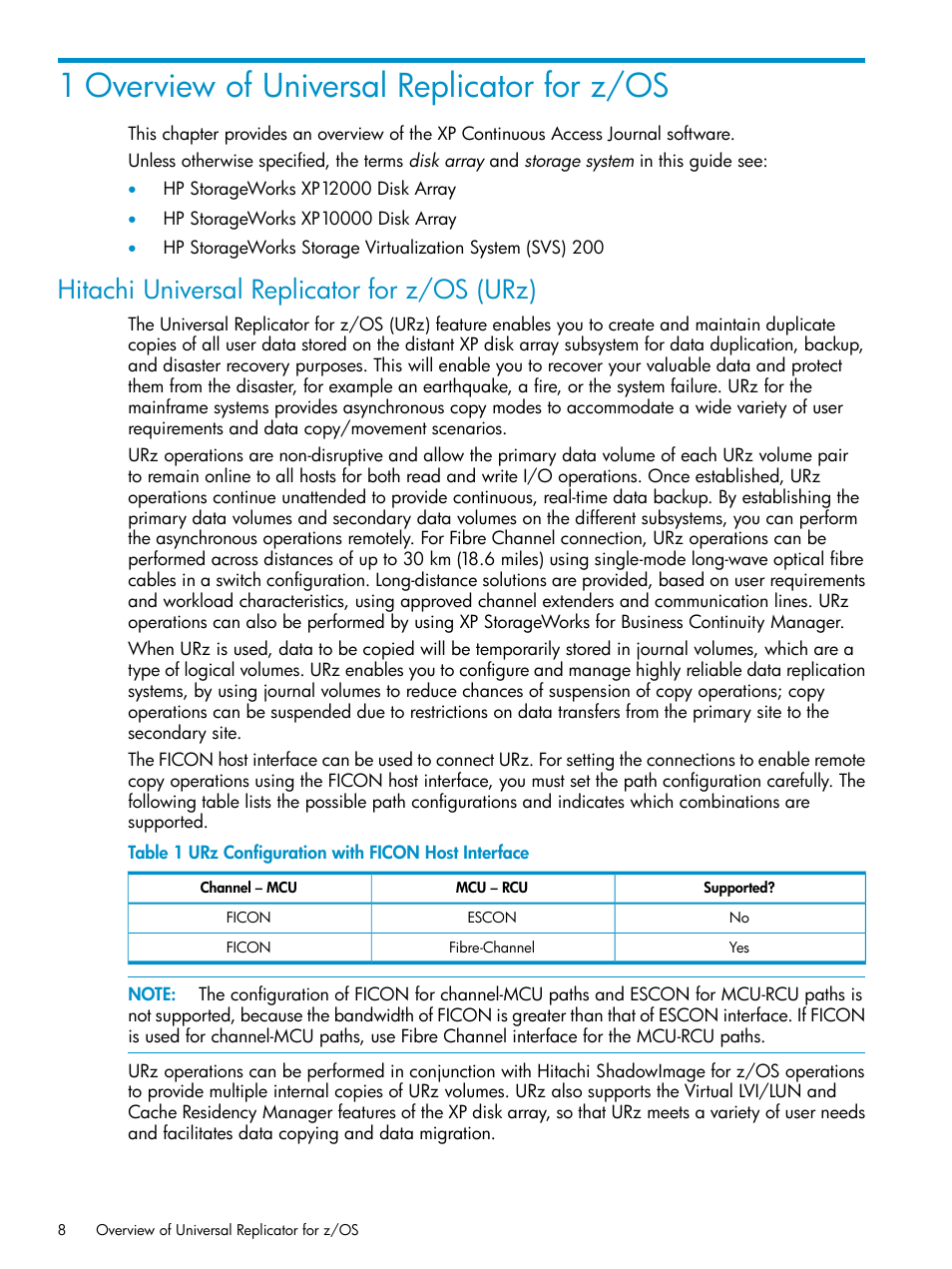 1 overview of universal replicator for z/os, Hitachi universal replicator for z/os (urz) | HP StorageWorks XP Remote Web Console Software User Manual | Page 8 / 203