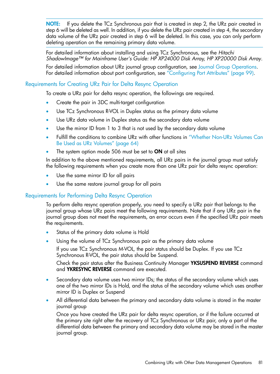 Requirements for performing delta resync operation, Requirements, Requirements for creating urz | HP StorageWorks XP Remote Web Console Software User Manual | Page 81 / 203