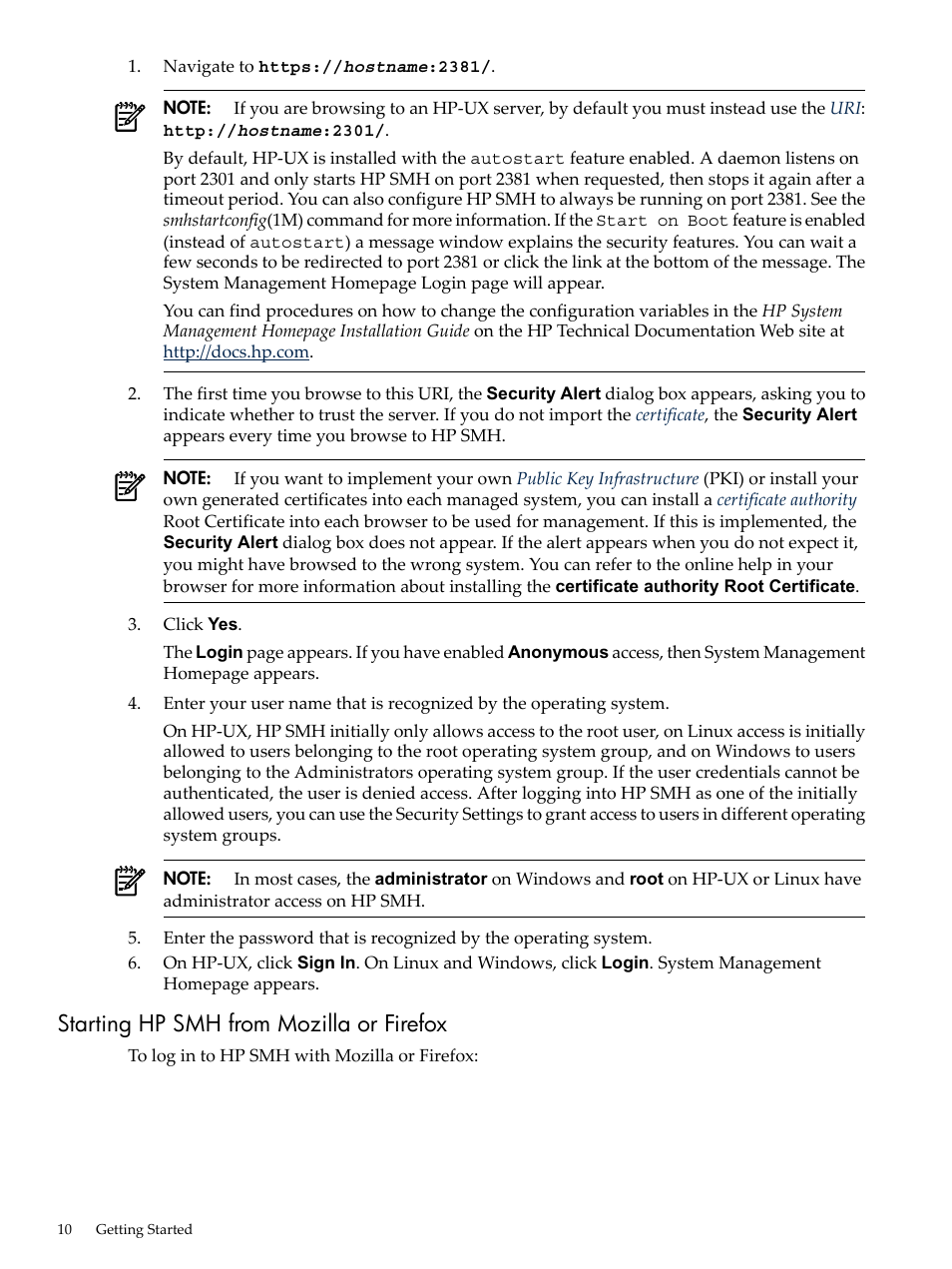 Starting hp smh from mozilla or firefox | HP System Management Homepage-Software User Manual | Page 10 / 60