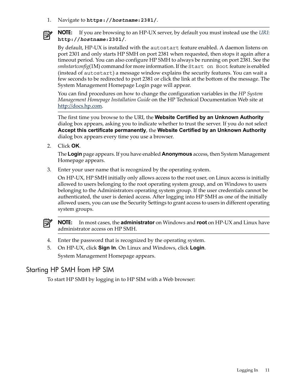 Starting hp smh from hp sim | HP System Management Homepage-Software User Manual | Page 11 / 60