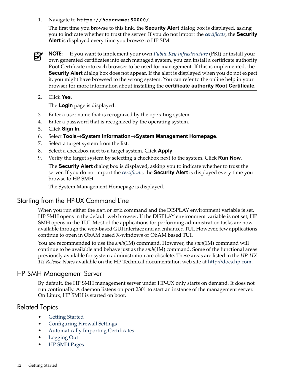 Starting from the hp-ux command line, Hp smh management server, Related topics | HP System Management Homepage-Software User Manual | Page 12 / 60