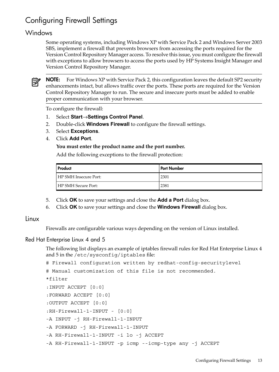 Configuring firewall settings, Windows, Linux | Red hat enterprise linux 4 and 5, Windows linux | HP System Management Homepage-Software User Manual | Page 13 / 60