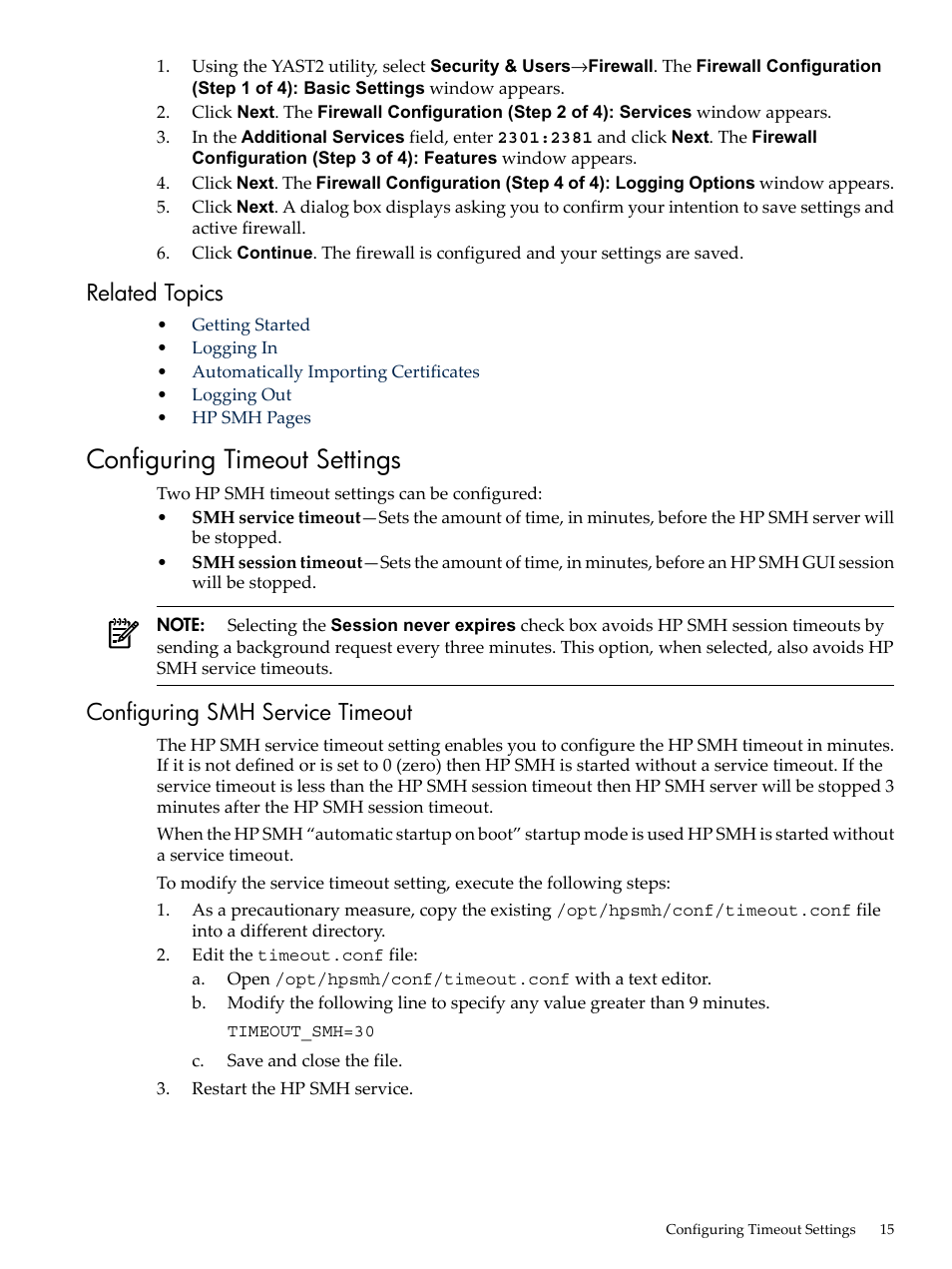 Related topics, Configuring timeout settings, Configuring smh service timeout | HP System Management Homepage-Software User Manual | Page 15 / 60