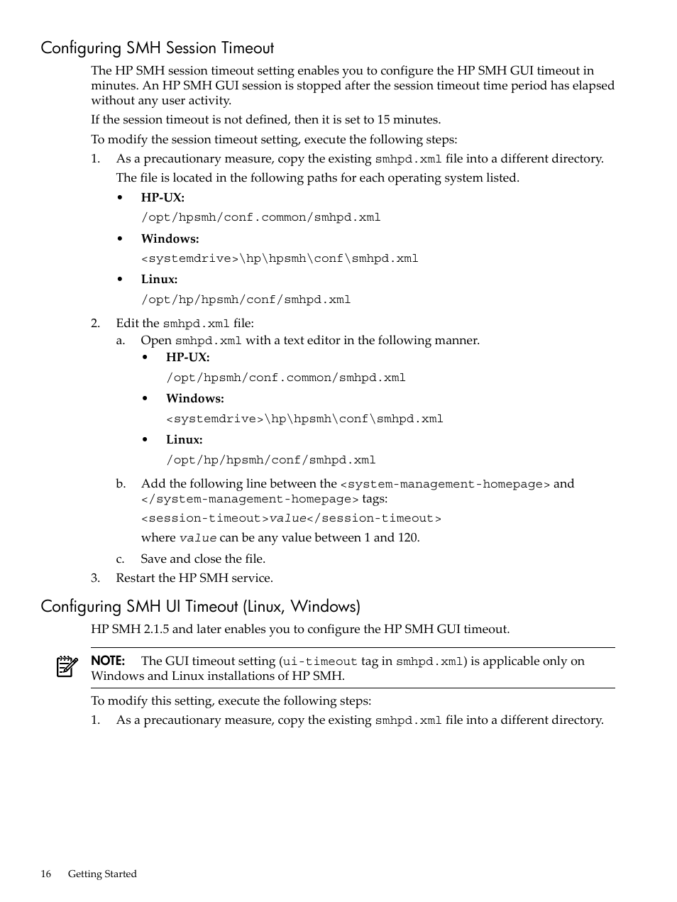 Configuring smh session timeout, Configuring smh ui timeout (linux, windows) | HP System Management Homepage-Software User Manual | Page 16 / 60