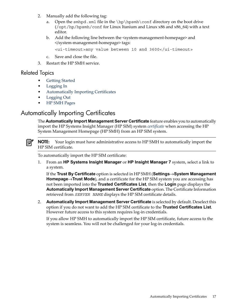 Related topics, Automatically importing certificates | HP System Management Homepage-Software User Manual | Page 17 / 60