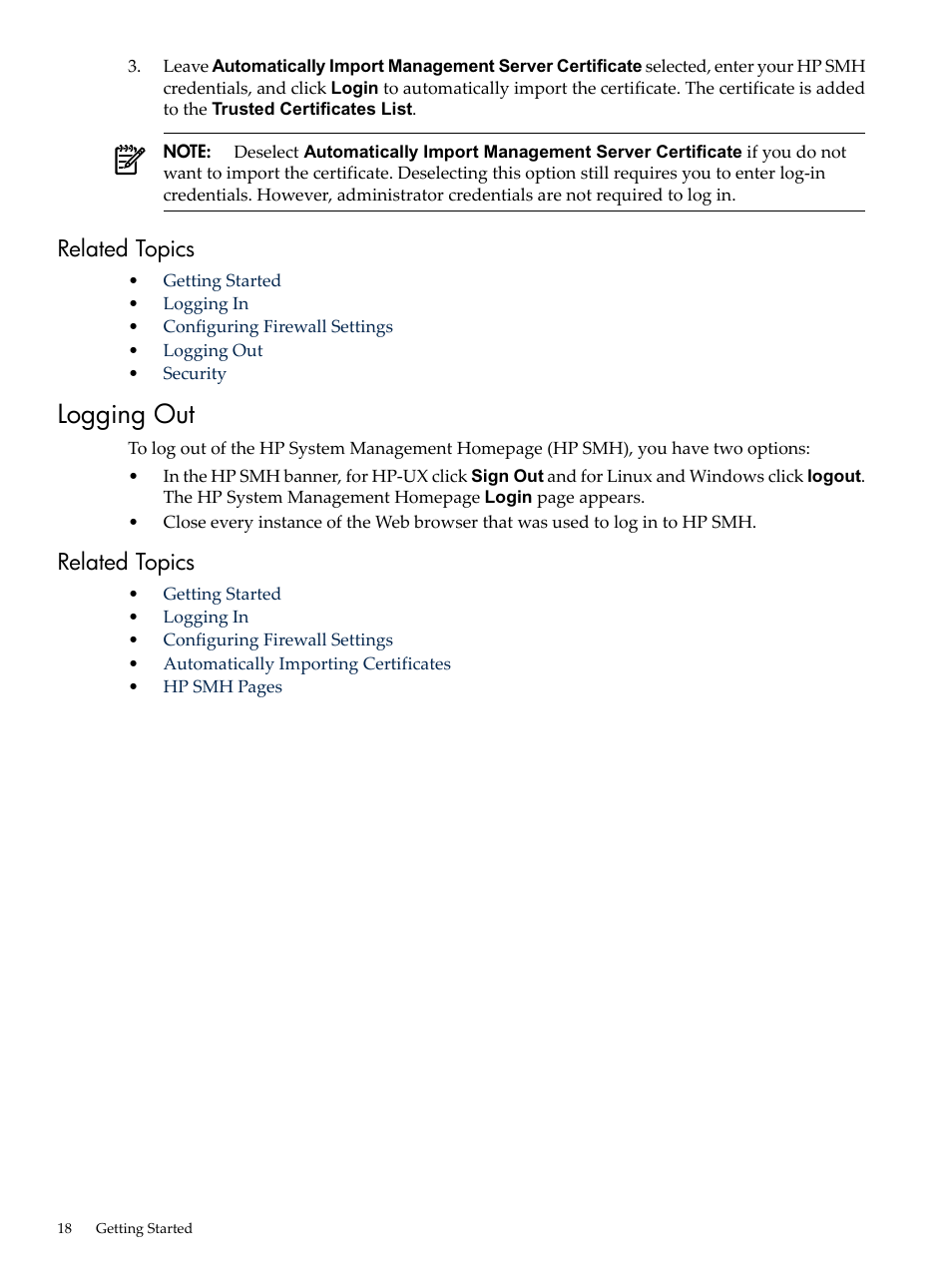 Related topics, Logging out | HP System Management Homepage-Software User Manual | Page 18 / 60