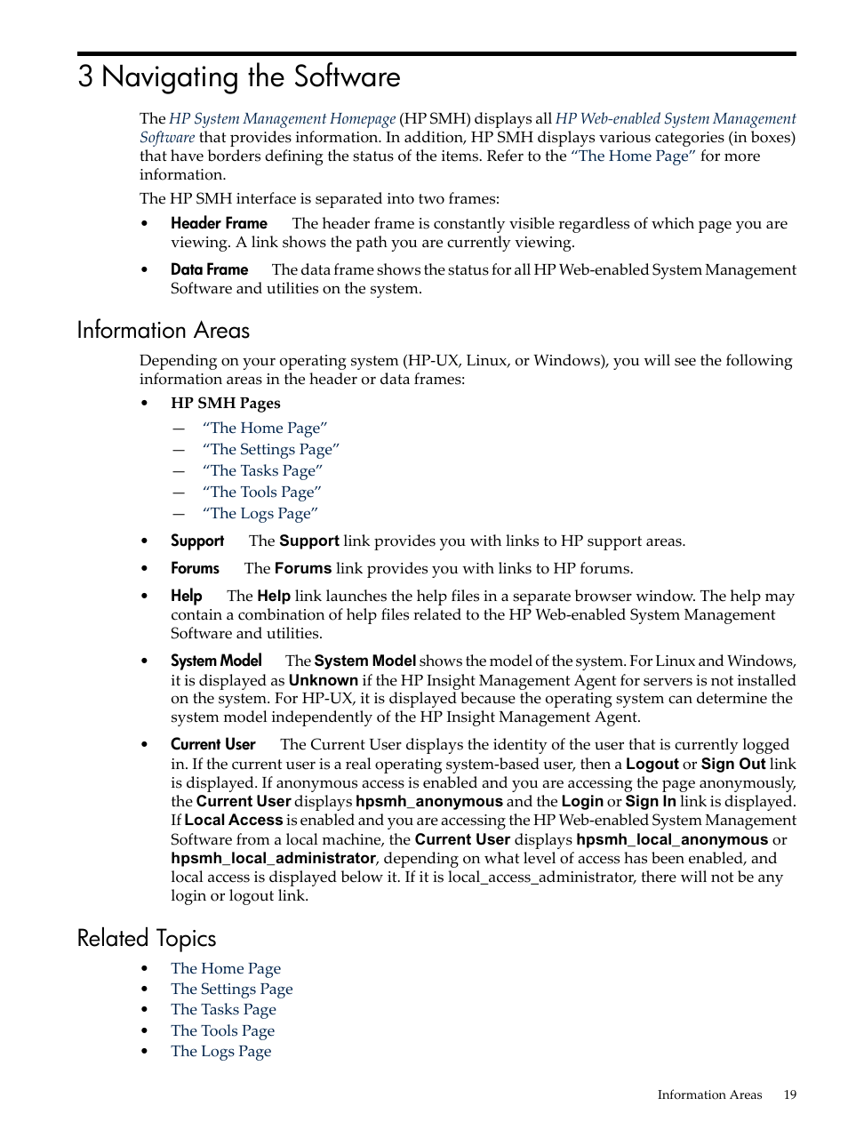 3 navigating the software, Information areas, Related topics | Information areas related topics | HP System Management Homepage-Software User Manual | Page 19 / 60