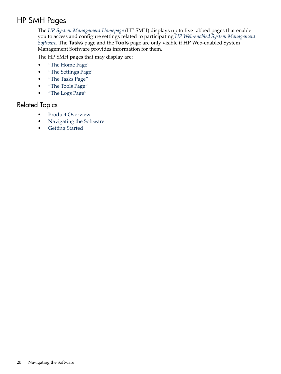 Related topics, Hp smh pages | HP System Management Homepage-Software User Manual | Page 20 / 60