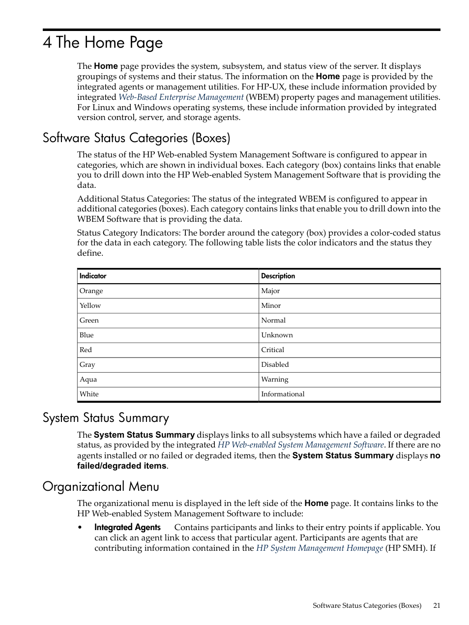 Software status categories (boxes), System status summary, Organizational menu | 4 the home page | HP System Management Homepage-Software User Manual | Page 21 / 60