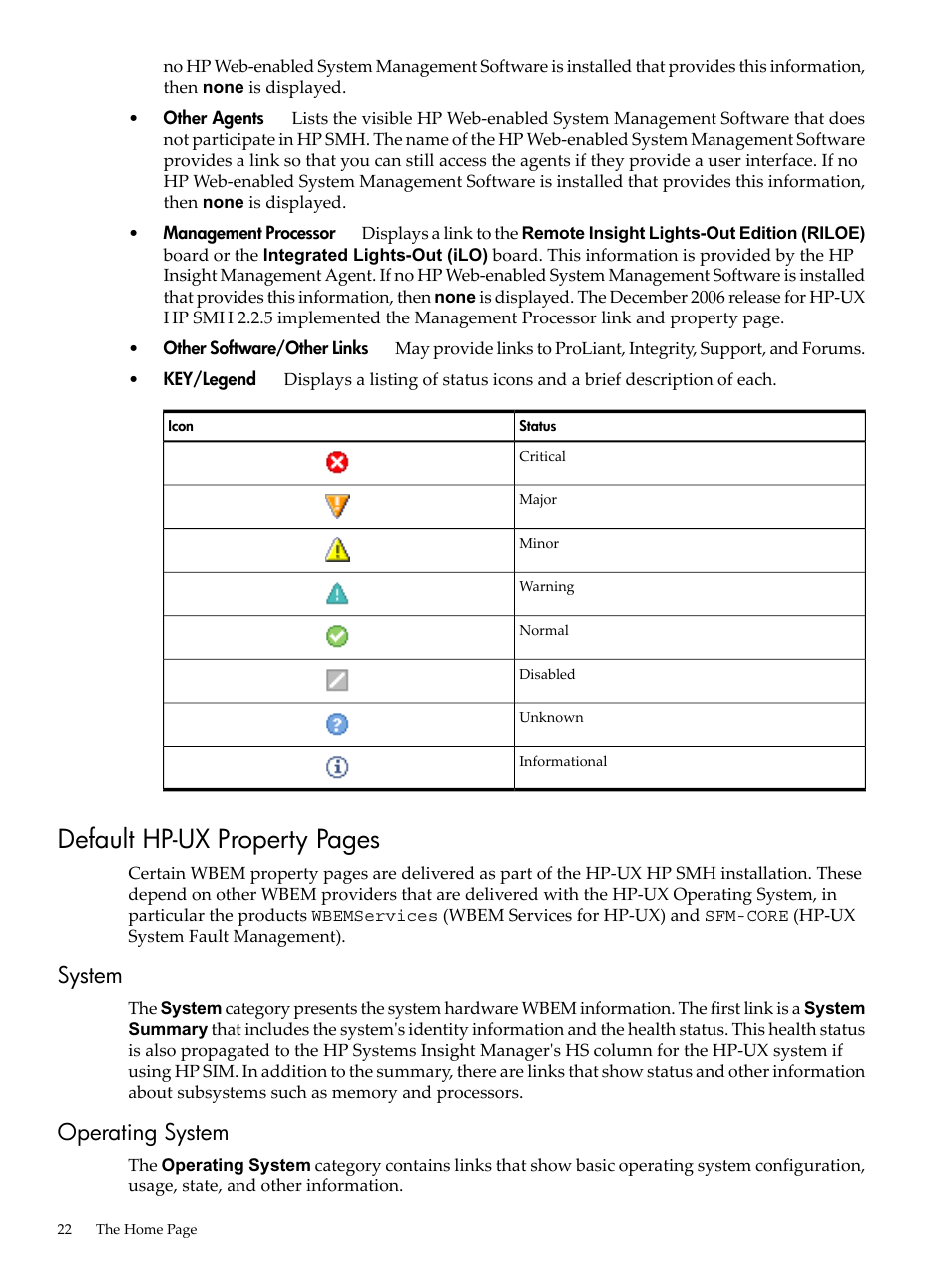 System, Operating system, System operating system | Default hp-ux property pages | HP System Management Homepage-Software User Manual | Page 22 / 60