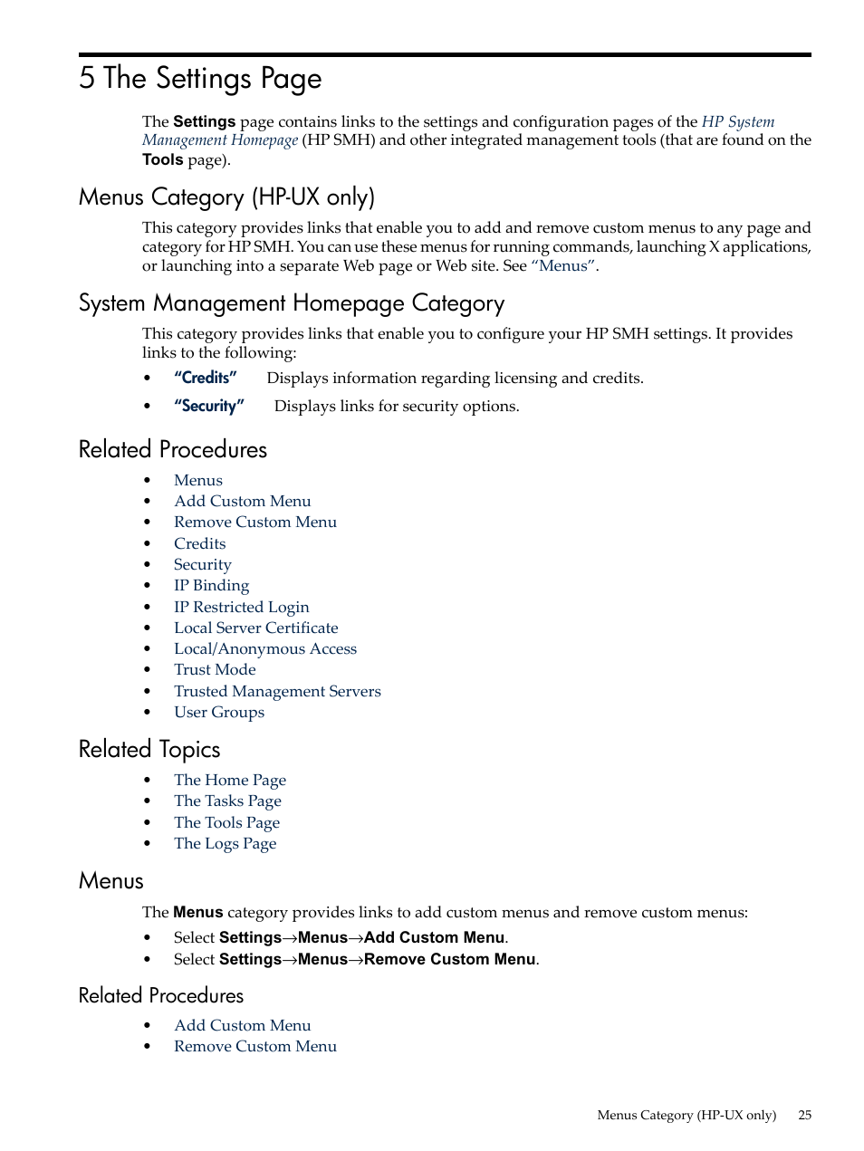 Menus category (hp-ux only), Related procedures, Related topics | Menus, 5 the settings page, System management homepage category | HP System Management Homepage-Software User Manual | Page 25 / 60