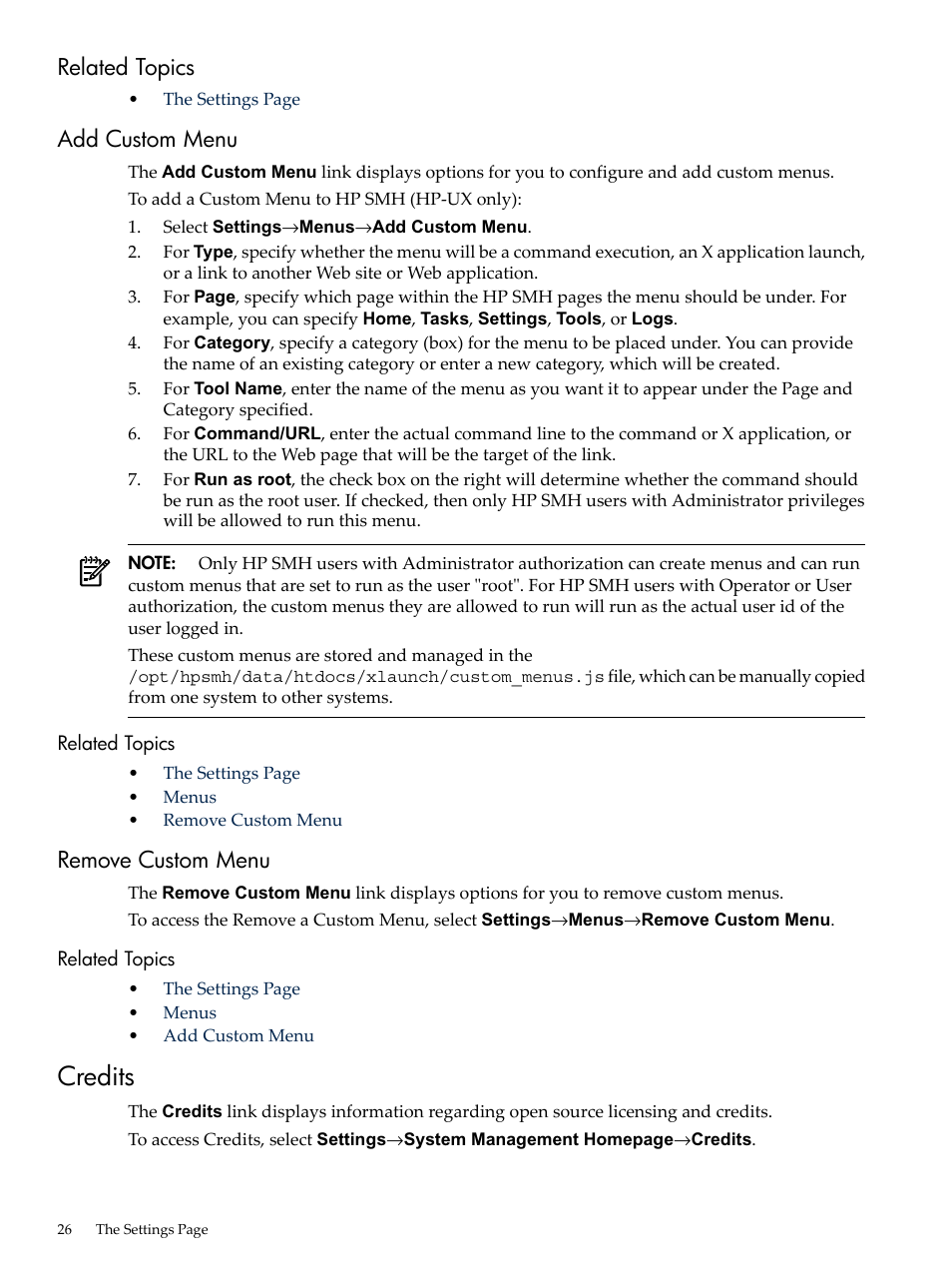 Related topics, Add custom menu, Remove custom menu | Credits, Related topics add custom menu | HP System Management Homepage-Software User Manual | Page 26 / 60