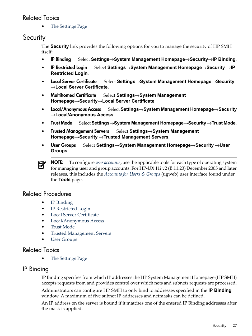 Related topics, Security, Related procedures | Ip binding, Related procedures related topics ip binding | HP System Management Homepage-Software User Manual | Page 27 / 60