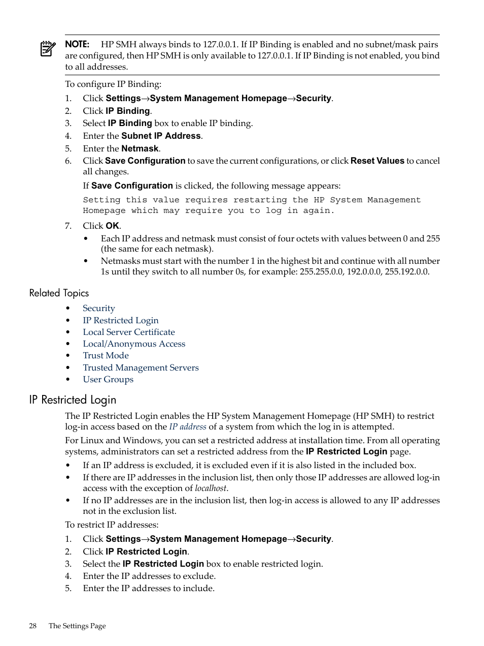 Related topics, Ip restricted login | HP System Management Homepage-Software User Manual | Page 28 / 60