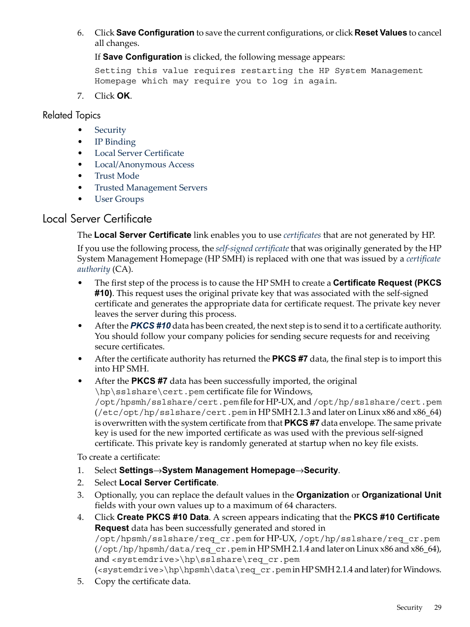 Related topics, Local server certificate | HP System Management Homepage-Software User Manual | Page 29 / 60