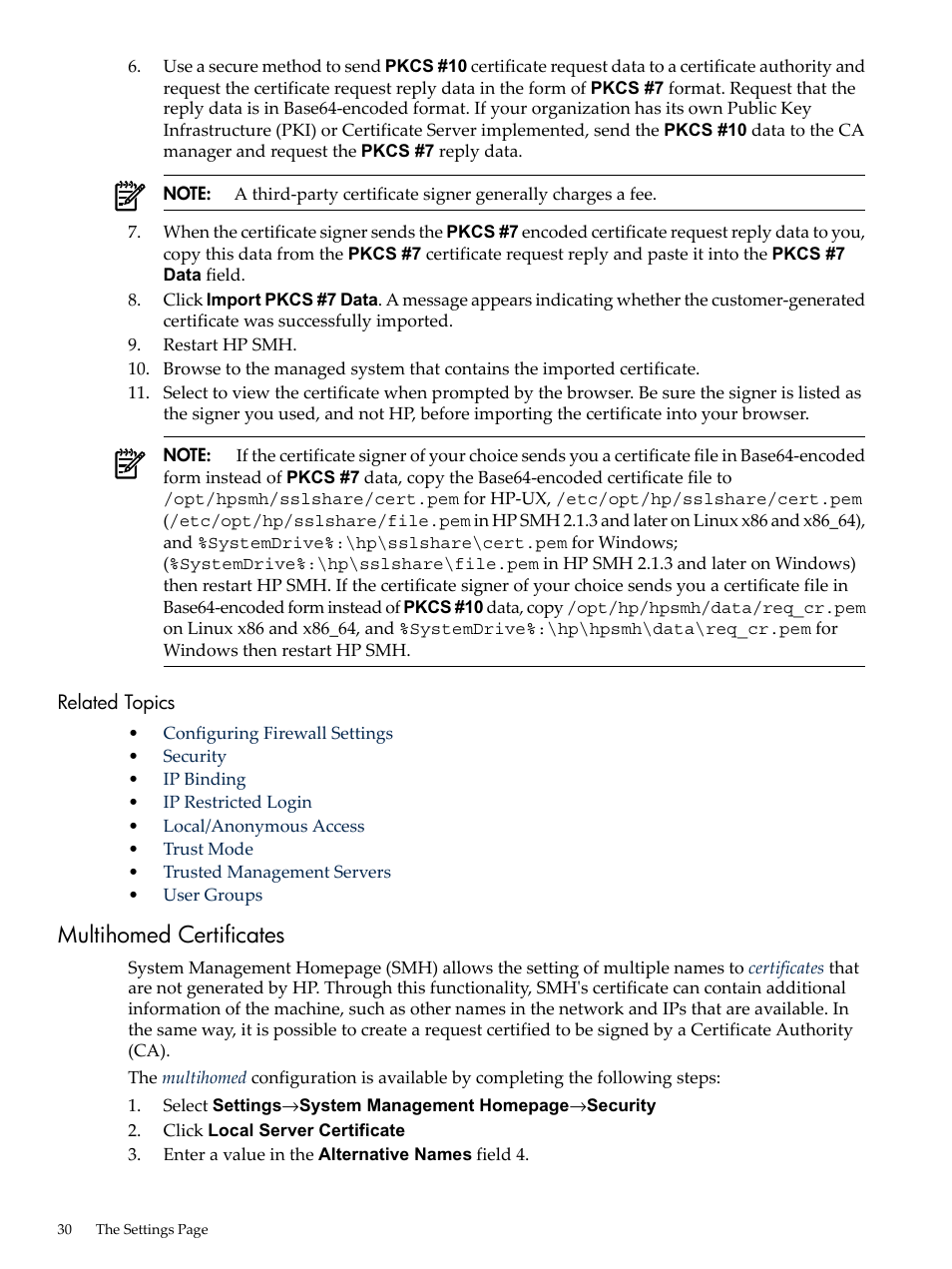 Related topics, Multihomed certificates | HP System Management Homepage-Software User Manual | Page 30 / 60