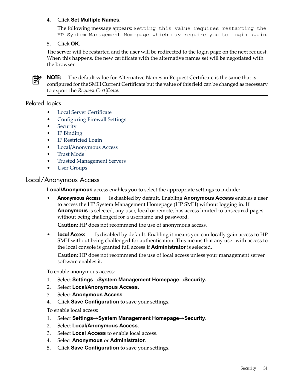 Related topics, Local/anonymous access | HP System Management Homepage-Software User Manual | Page 31 / 60