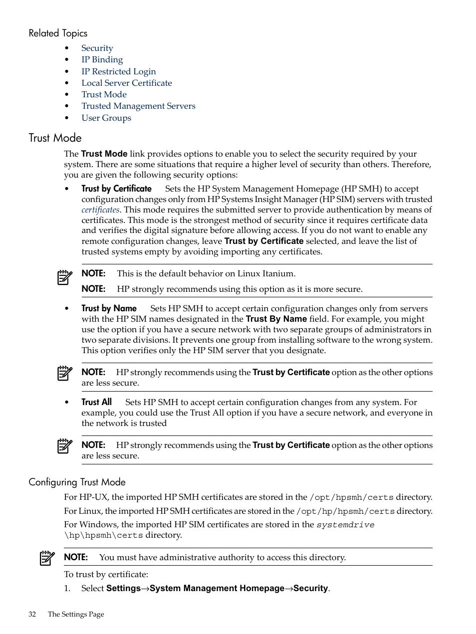 Related topics, Trust mode, Configuring trust mode | HP System Management Homepage-Software User Manual | Page 32 / 60