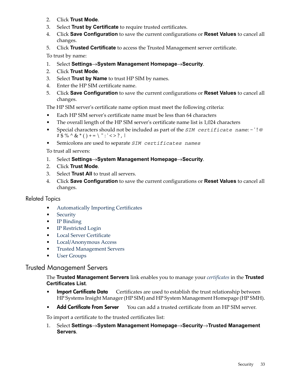 Related topics, Trusted management servers, Trusted management | Servers | HP System Management Homepage-Software User Manual | Page 33 / 60