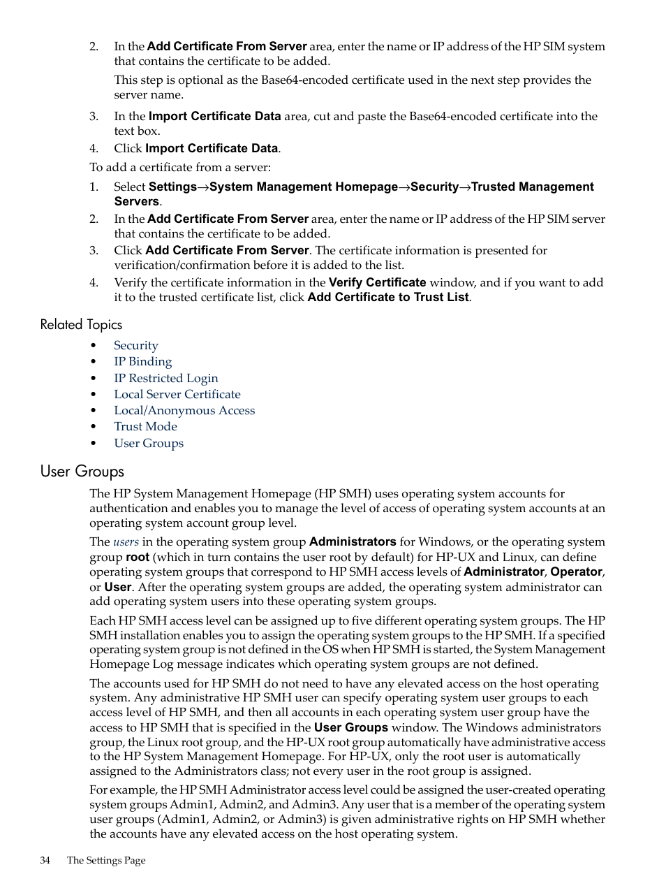 Related topics, User groups | HP System Management Homepage-Software User Manual | Page 34 / 60