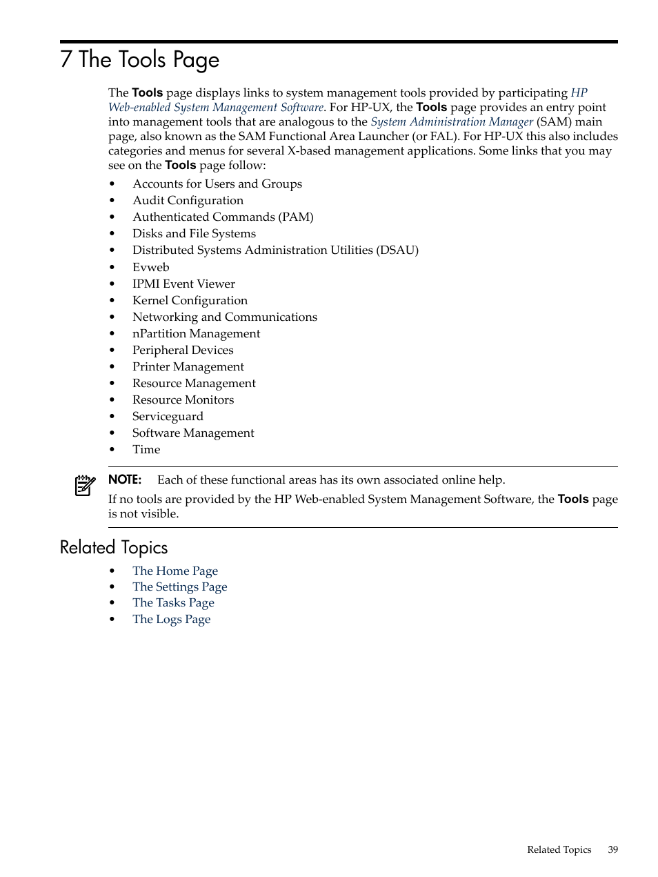 Related topics, 7 the tools page | HP System Management Homepage-Software User Manual | Page 39 / 60