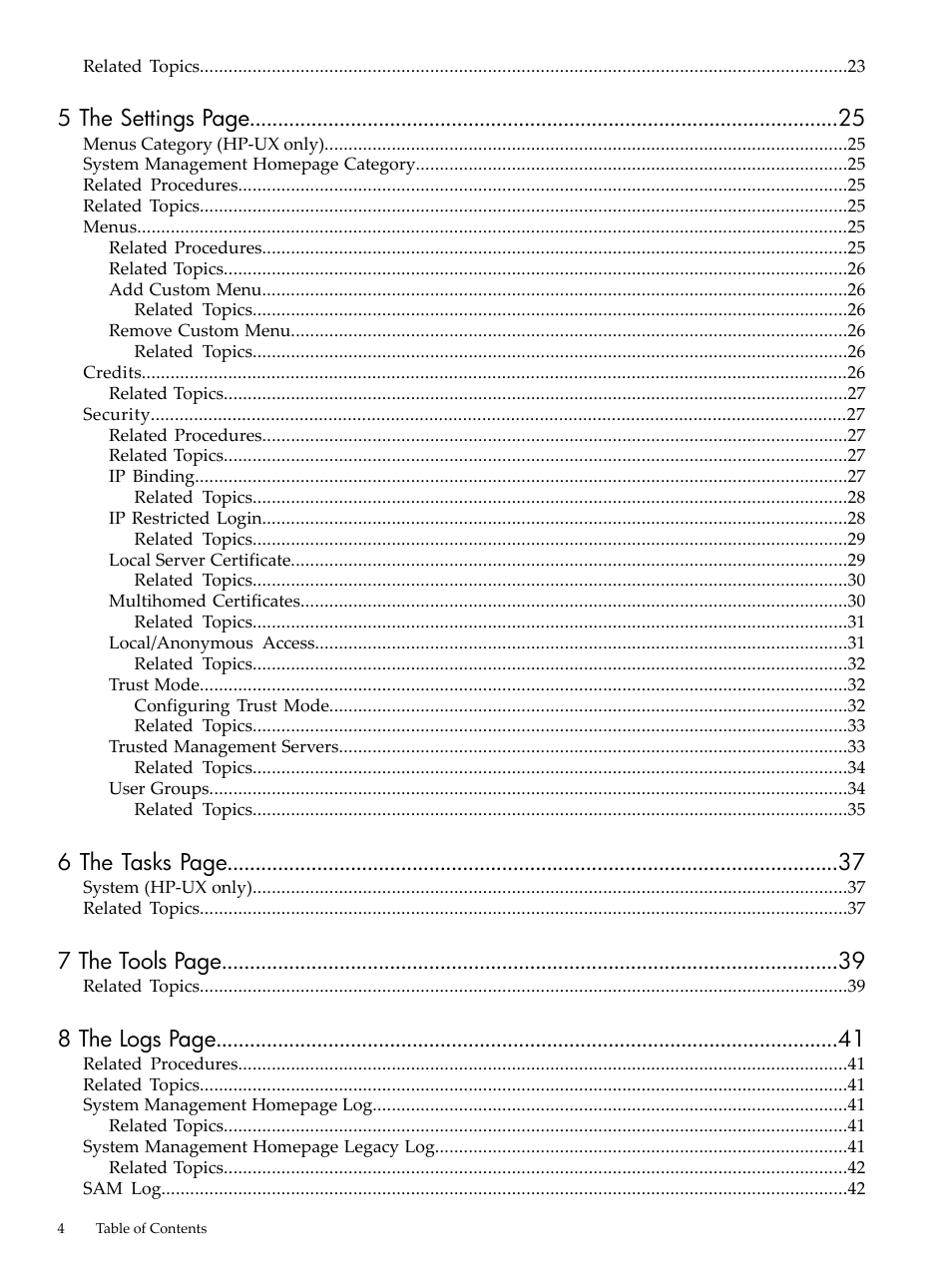 5 the settings page, 6 the tasks page, 7 the tools page | 8 the logs page | HP System Management Homepage-Software User Manual | Page 4 / 60