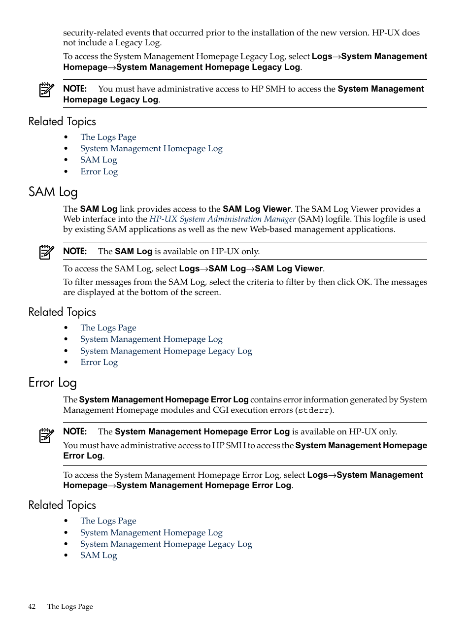 Related topics, Sam log, Error log | HP System Management Homepage-Software User Manual | Page 42 / 60