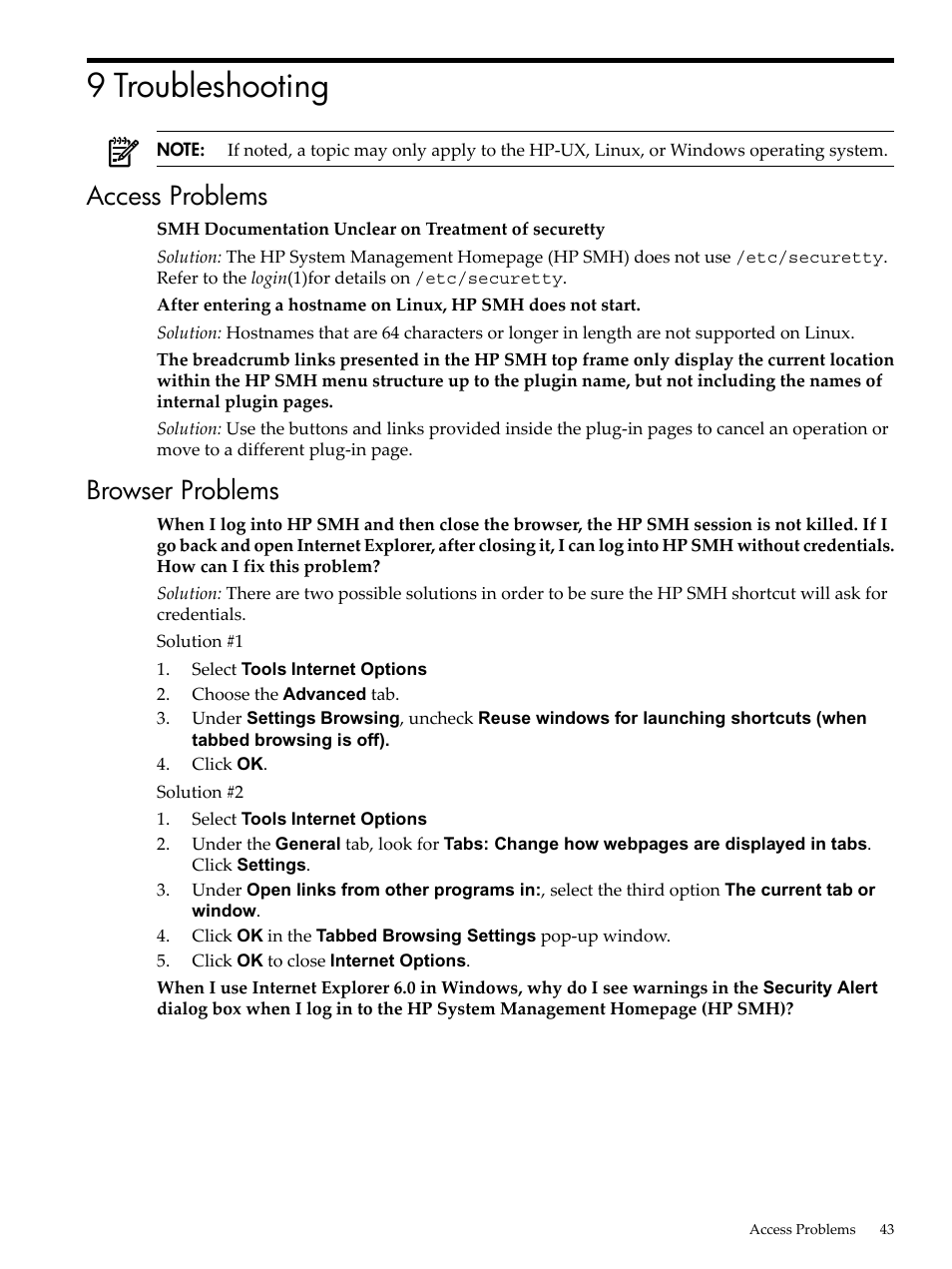 9 troubleshooting, Access problems, Browser problems | Access problems browser problems | HP System Management Homepage-Software User Manual | Page 43 / 60