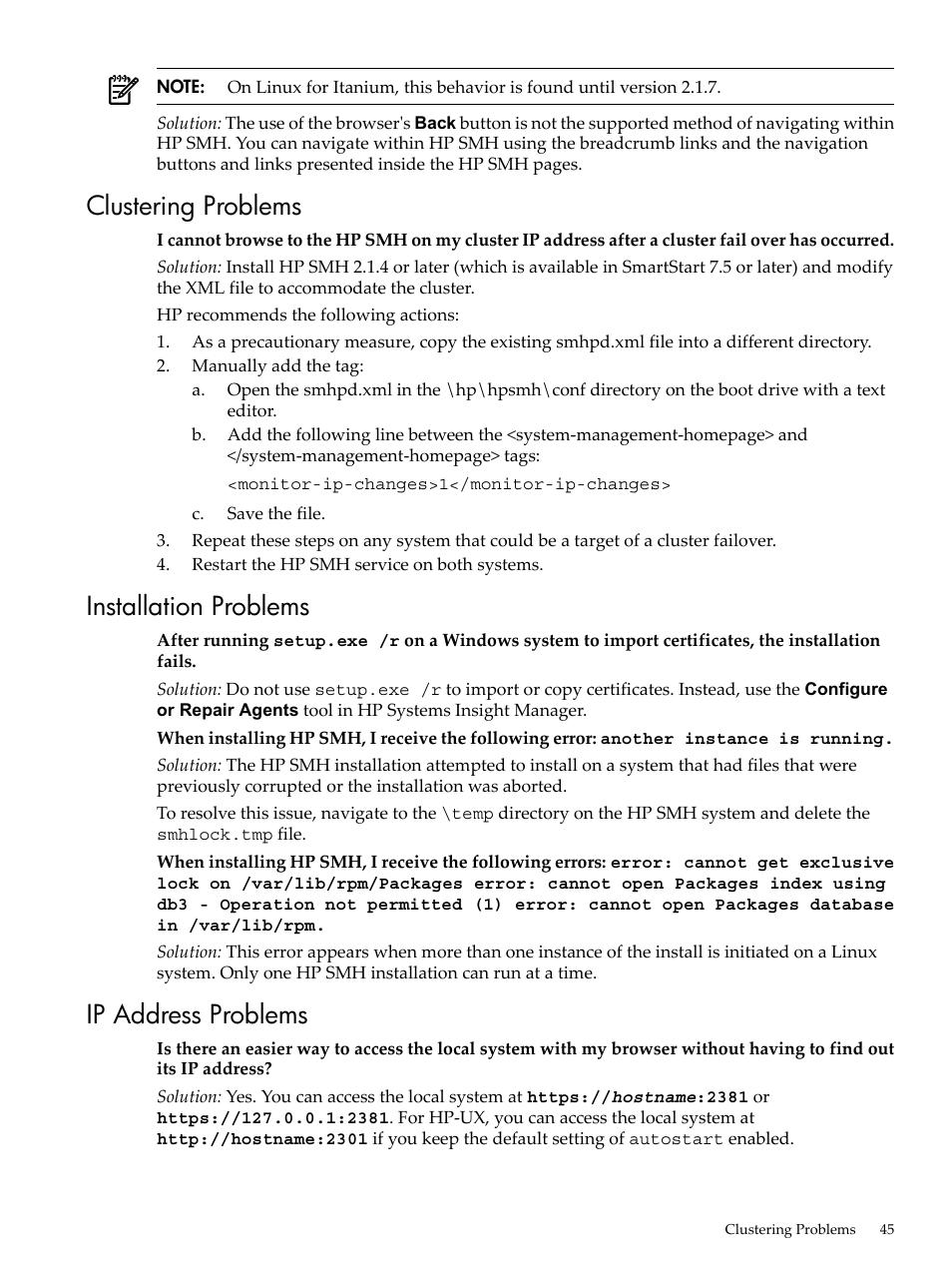 Clustering problems, Installation problems, Ip address problems | HP System Management Homepage-Software User Manual | Page 45 / 60