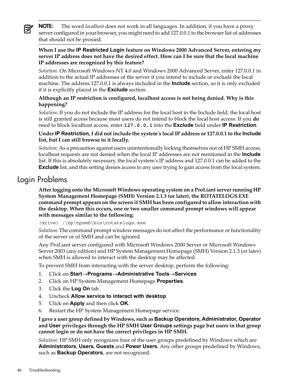 Login problems | HP System Management Homepage-Software User Manual | Page 46 / 60