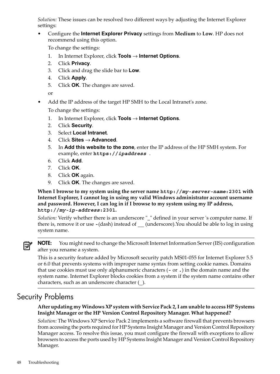 Security problems | HP System Management Homepage-Software User Manual | Page 48 / 60