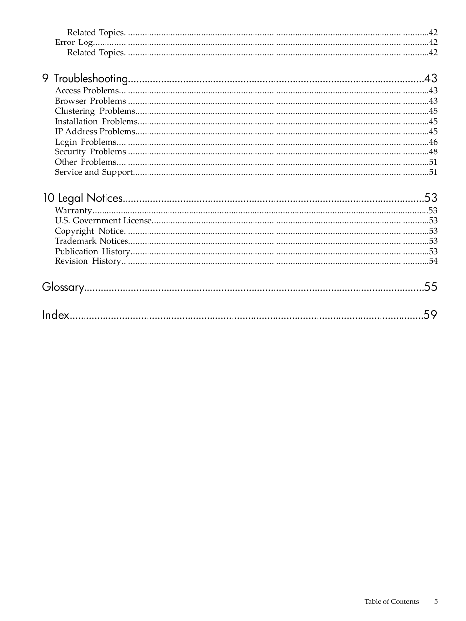 9 troubleshooting, 10 legal notices, Glossary index | HP System Management Homepage-Software User Manual | Page 5 / 60