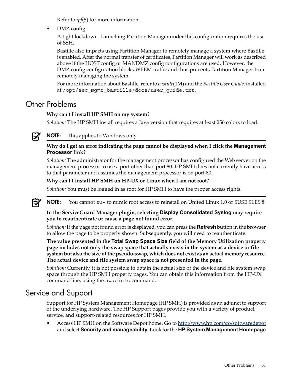 Other problems, Service and support, Other problems service and support | HP System Management Homepage-Software User Manual | Page 51 / 60