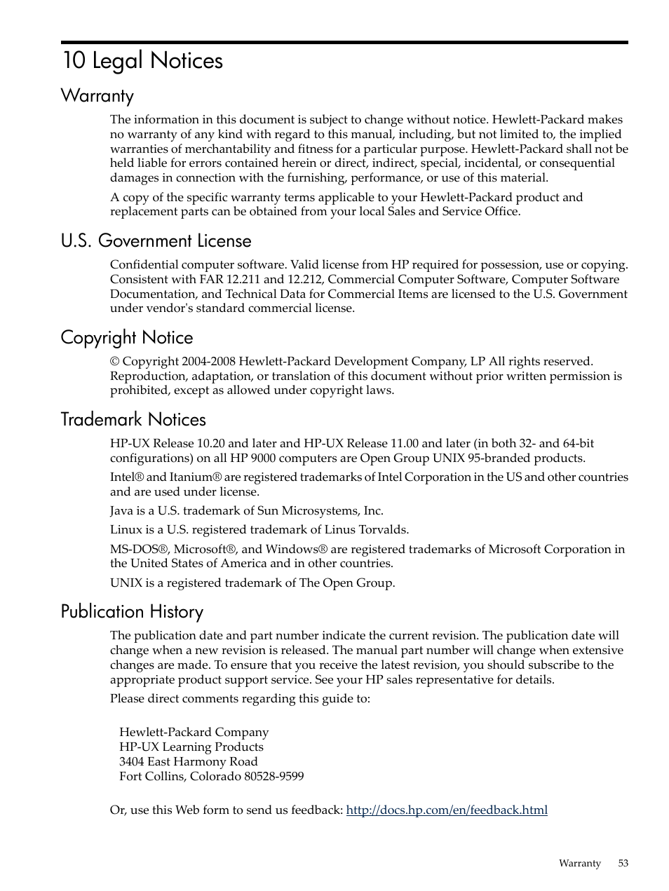 10 legal notices, Warranty, U.s. government license | Copyright notice, Trademark notices, Publication history | HP System Management Homepage-Software User Manual | Page 53 / 60