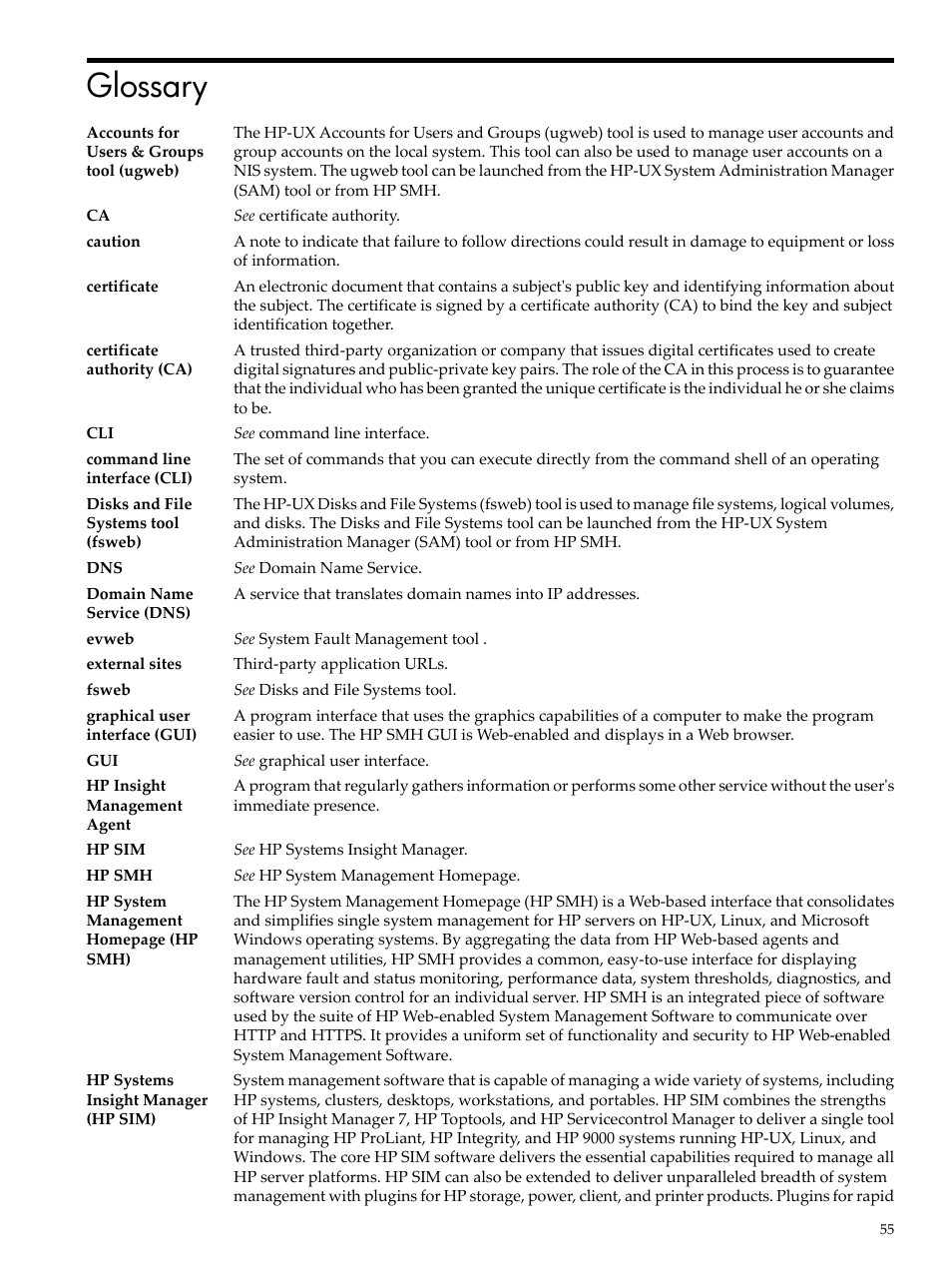 Glossary, Hp systems insight manager, Hp insight | Management agents, Certificate, Certificate authority, Hp system, Accounts for users & groups, Certificates, Authority | HP System Management Homepage-Software User Manual | Page 55 / 60