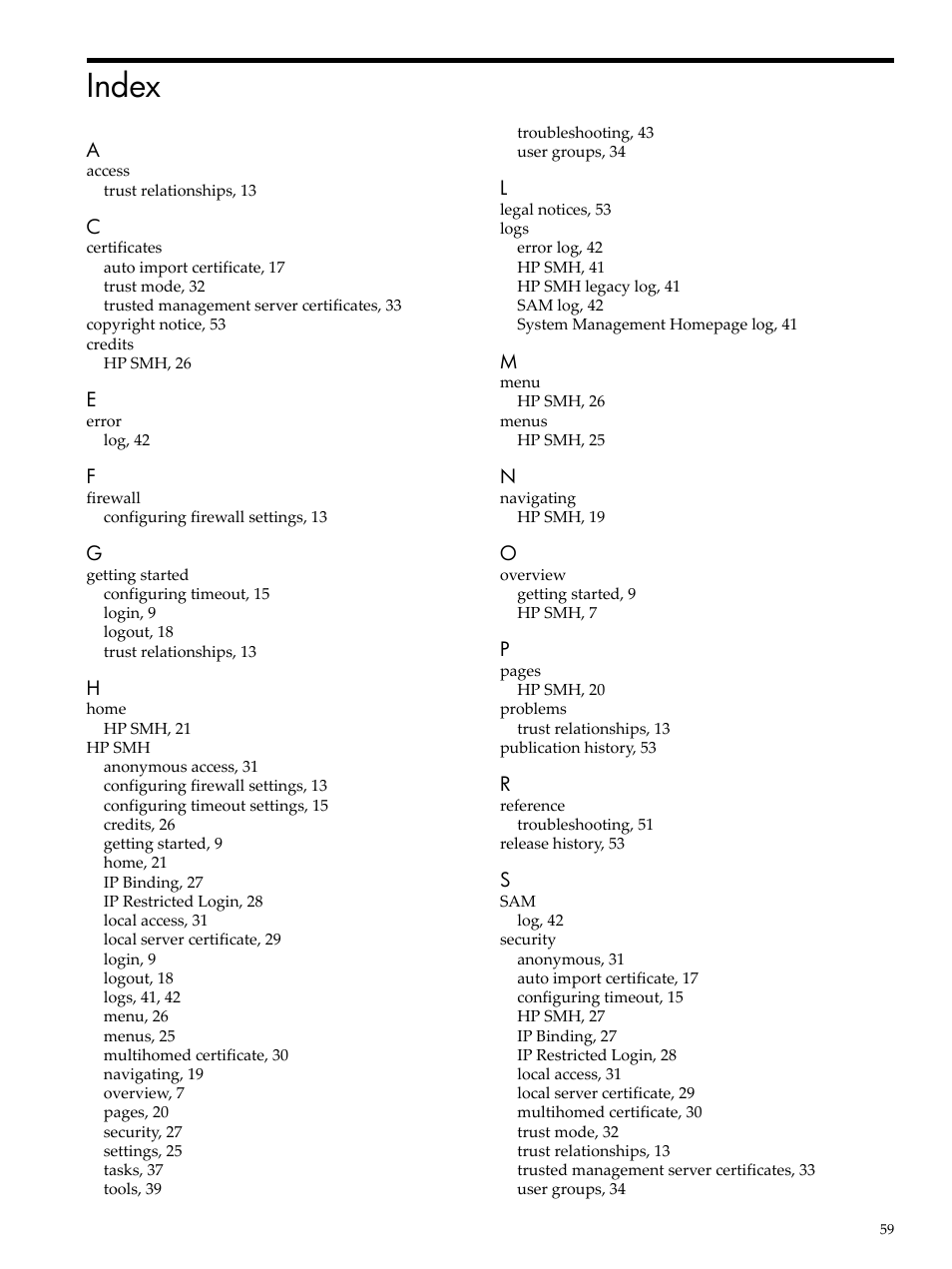 Index | HP System Management Homepage-Software User Manual | Page 59 / 60